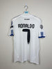 White soccer jersey with 'Ronaldo' and number '7' on a gray background